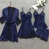 Women's Sleepwear V-neck Nightdress Suit Spring Cami Satin Pajamas Robe Home Wear Lace Gown Womens Sleep Nightwear Set Nighties 4pc Pijama