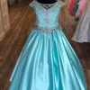 Aqua Satin Pageant Dress for Teens Juniors Toddler 2021 AB Stones Crystal Long Pageant Gown for Little Girl Cap Sleeve Formal Part2384