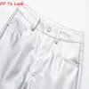 Pantalon large argent brillant Chic simili cuir PU pantalon Long haut Streetwear femme blogueurs5114602808Femme droite qualité 240117