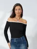 Dames t-shirts van schoudergolftjes contrast kleur lange mouw boot nek show navel slanke t-shirts