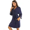 Women's Sleepwear Large Size Solid Color Knit Cotton Robe For Women Bathrobe European Style Lace Loose Nightdress Sleeping Ladies Night Gown