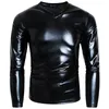 T-shirts hommes hommes sexy brillant PU cuir chemise à manches longues col en V haute mise en forme latex décontracté PVC élastique manteau mâle brillant brevet t-shirts