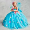 Iceblue Flower Girl Dresses Pärlade färgglada blommor Bollklänning Princess Flowergirl klänningar Tiered Tulle Little Kids Birthday Party Daughter and Mother Dress CF009