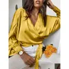 Blusas femininas camisas mulheres blusas camisas celmia mulheres cetim moda elegante manga longa morcego verão cruz v pescoço bandagem cintura dhwif