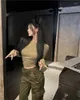 Women's Two Piece Pants Girl Suit Army Green Pleated Long-sleeved T-shirt Women's Autumn And Winter Loose Cargo Fashion Two-Piece Set