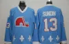 Männer Retro Quebec Nordiques Trikots Hockey 19 Joe Sakic 21 Peter Forsberg 13 Mats Sundin 26 Peter Stastny 10 Guy Lafleur Hellblau Weiß Bla