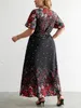 Robe décontractée grande taille pour femme, col en V, manches courtes, imprimé Floral, longue, noire, courbe, vêtements pour femmes, été, 2023, 240116