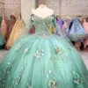 Groene Prinses Off Sage de Schouder Baljurk Quinceanera Jurken voor Meisjes Kralen Celebrity Party Jurken 3D Bloemen met Cape s