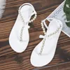 Nya sommarkvinnor Flat Bottom Pinch Toe Pearl Beaded Women's Sandals Plus Size Women's Flip Sandals Fashion Beach Pink Shoes 240117