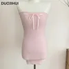 DUOJIHUI Tweedelige roze zoete damesjurken Koreaanse stijl breien zachte chique boog Canshoulder Blast pure kleur vrouwelijke mini-jurk 240117