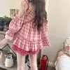 Women's Blouses Sweet Pink Plaid Ruffles Loose Shirts Women 2024 Summer Half Sleeve Lace Y2k Grunge Off Shoulder Camisole Tops