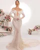 Magnifique dentelle sirène dentelle robes de mariée élégant pure col en V plissé robe de mariée balayage Train robes de mariée