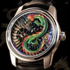 Montres-bracelets OBLVLO Gravure 3D Dragon Chinois Montres Mécaniques Automatiques Verre Saphir Étanche Hommes Montre Double Roues Lumineuse