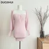 DUOJIHUI Tweedelige roze zoete damesjurken Koreaanse stijl breien zachte chique boog Canshoulder Blast pure kleur vrouwelijke mini-jurk 240117