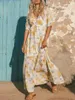 カジュアルドレス女性夏のロングドレスフラワープリントディープVネックタイプ半袖ファッションビーチホリデー