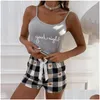 Women'S Sleepwear Womens Sleepwear 2Pcs Pajamas Set Sling Top Shorts Suit Summer Letter Print Pijama Y Lingerie Camisoles Tanks Night Dhptd