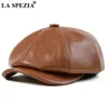 La Spezia äkta läder Sboy Cap Men Högkvalitativ åttkantig hatt Autumn Winter Basker Real Cowskin Flat 240116