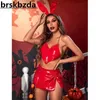 Brskbzda Halloween Lingerie Bunny Latex Cosplay Sexy Costumes 4Piece Thongs Halter Leather Sissy Underwear Nightclub Outfit 240117