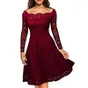 Freizeitkleider Elegante Damen Schulterfrei Spitze Herbst Damen Langarm A-Linie Formales Partykleid Einfarbig Vestidos 2024