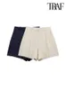Traf Women Moda Yan Cepleri Ön Dart Keten Bermuda Şort Vintage Yüksek Bel Fermuar Kadın Kısa Pantolon Mujer 240116