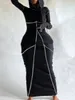 LW grande taille dame Sexy femmes automne hiver robe à capuche col rayé moulante élégant noir à manches longues Sweat robes 240116