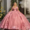 Розовое платье Quinceanera 2024, сверкающая ткань, милая аппликация, кружевные бусины, длинное бальное платье, платье для выпускного вечера, тюлевое платье с пайетками, вечернее платье MISS