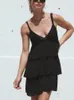 Lässige Kleider Strandstil Sommerkleid Frauen V-Ausschnitt Krawatte Strick Patchwork Mini Schwarz Ärmellos Spaghettibügel Tiered Rüschen Kurz