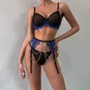 Yimunancy Kant Patchwork Mesh Lingerie Vrouwen Strass Ketting Kousenband Kit Sexy Erotische Set 240117