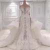 Abiti da sposa a sirena di perle con perline di cristallo di lusso applicate al largo della spalla con strascico staccabile con paillettes da sposa Go244P