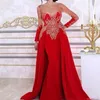 2020 vestidos de noche de sirena de manga larga con falda de quita y pon encaje con cuentas lentejuelas caftán árabe rojo vestido Formal 234o