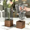 Vases Creative Square Glass Vase Wood Base Desk Decoration Floral Vases Hydroponics Flowers Pots Flower Arrangement Modern Home Decor YQ240117