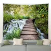 Rural Nature Landscape Tapestry Forest Plant Rustic Wooden Bridge Waterfall Fabric Wall Hanging Living Room Bedroom Garden Decor 240117