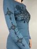 여자 T 셔츠 여성의 가을 캐주얼 고딕 탑 블루 롱 슬리브 라인 스톤 패턴 프린트 슬림 티셔츠