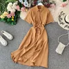 Vestidos casuais manga curta botão até camisa vestido feminino coreano fada verão doce escritório renda longo vestido mujer