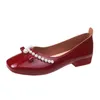 Dress Shoes Pearl Bow Casual For Women Red Square Heel Small Leather Thick Shallow Mouth Slip-on Walking