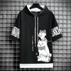 Japan modemän mäns hoodies sommar män kläder tecknad casual harajuku streetwear tryck hooded topp korta ärm tröjor 240116