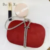 Luxury Women Fashionable Red Velvet Tote Bags Crystal Handle Suded Box Evening Wedding Diamond Handväskor Kvinna 240116