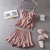 Summer Female Pajamas Set Green Ruffle Chemise Sleepwear Sexy Strap Top shorts Intimate Lingerie Loose Silk Satin Home Wear 240117