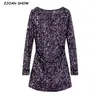 Robes décontractées Sexy brillant violet paillettes à manches longues froncé dos nu mini robe plis taille mince paquet hanches robe de soirée