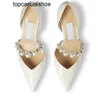 JC Jimmynessity Choo Pumps Women Brand Sandals 23ss Aurelie Italy Refined Pointed Toe Pearl Ankle Strap White Patent Leather Designer Wedding Party Sandal High Heel