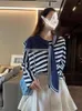 Women's Hoodies Women Sweatshirt Asymmetric Sailor Collar Lace-Up Vintage Contrast Striped Pullover 2024