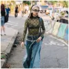 Women's T-Shirt TAFN Moon Flocked Printed Turtleneck Base Mesh Long-Sleeved Top 2023 Lady Sexy Slim-Fit See-through T-shirt T240118