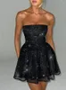 Casual Dresses Mozision Elegant Strapless Sexy Mini Dress Women Fashion Black Off-shoulder Backless Pleated Sequins Sparkle Club Party