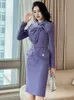 Kadınlar için Kadınlar Zarif Moda Mi Elbise Mor Tüvit Parlak İpek Tassel Kemer Robe Profesyonel İş Ofisi Leydi Vestiod 240117