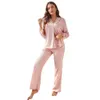 Spring Autumn Female Pyjamas Set Sexig rosa spets trim Sleepwear långärmad byxa Pijamas kostym Löst casual satin hemkläder 240117