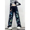 Women's Jeans Korean Harajuku Style Pants High Street Hip-Hop Personalized Print Washing Water Adjustable High Waist Slim Straight Jeans Womenephemeralew