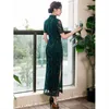 Etniska kläder gamla Shanghai spetsar Long Cheongsam Women's Autumn 2024 Green Retro Slim Fit Dress