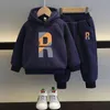 Winter Kids Fleece Thick Hoodies Suit for Boy Sportswear 2y Young Child Clothes Autumn Warm Girls Hooded Tops Pant Matching Set 240117