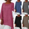Blouse Women Solid Color Cotton Linen O-Neck Long Sleeve Irregular Tunic Top Spring Summer Oversized Shirts 240117