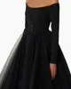 Casual Dresses Black Volumetric Pleated Tulle Women Maxi To Party Modest Off The Shoulder Full Sleeves Ankle Length Prom Gowns